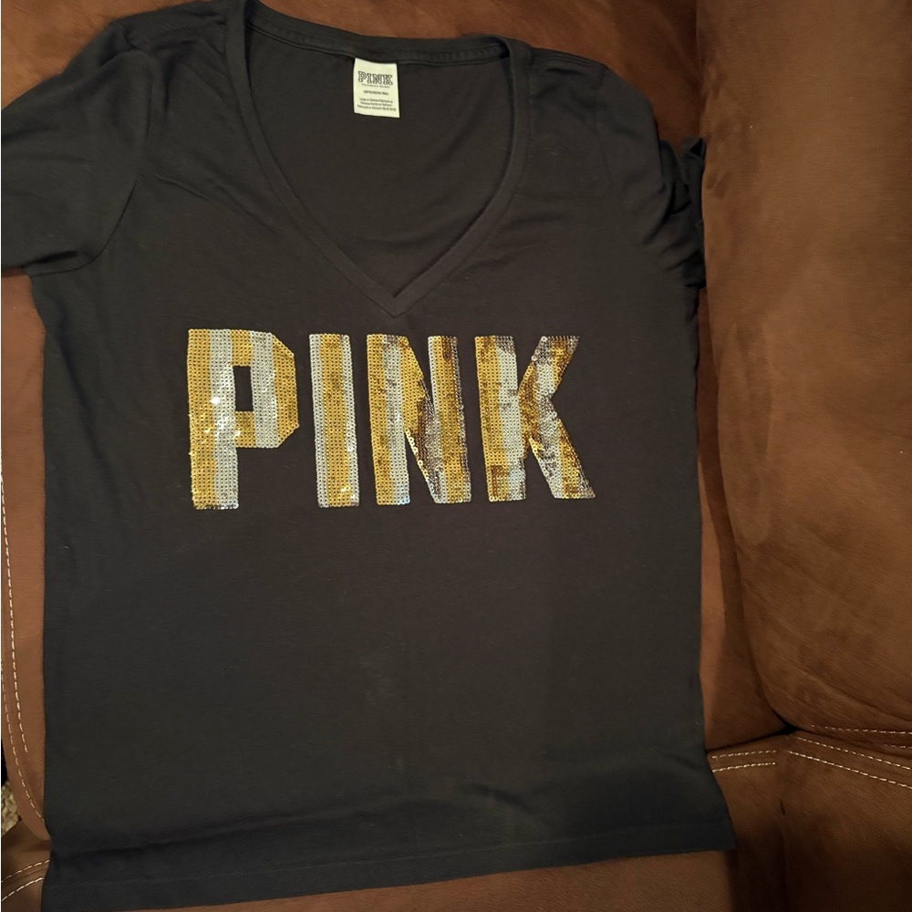 PINK Victoria's Secret Black V-Neck Tee with Gold Sequin Logo